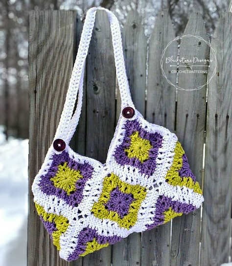 Hobo Style Bag made with 10 white, purple, and green granny squares