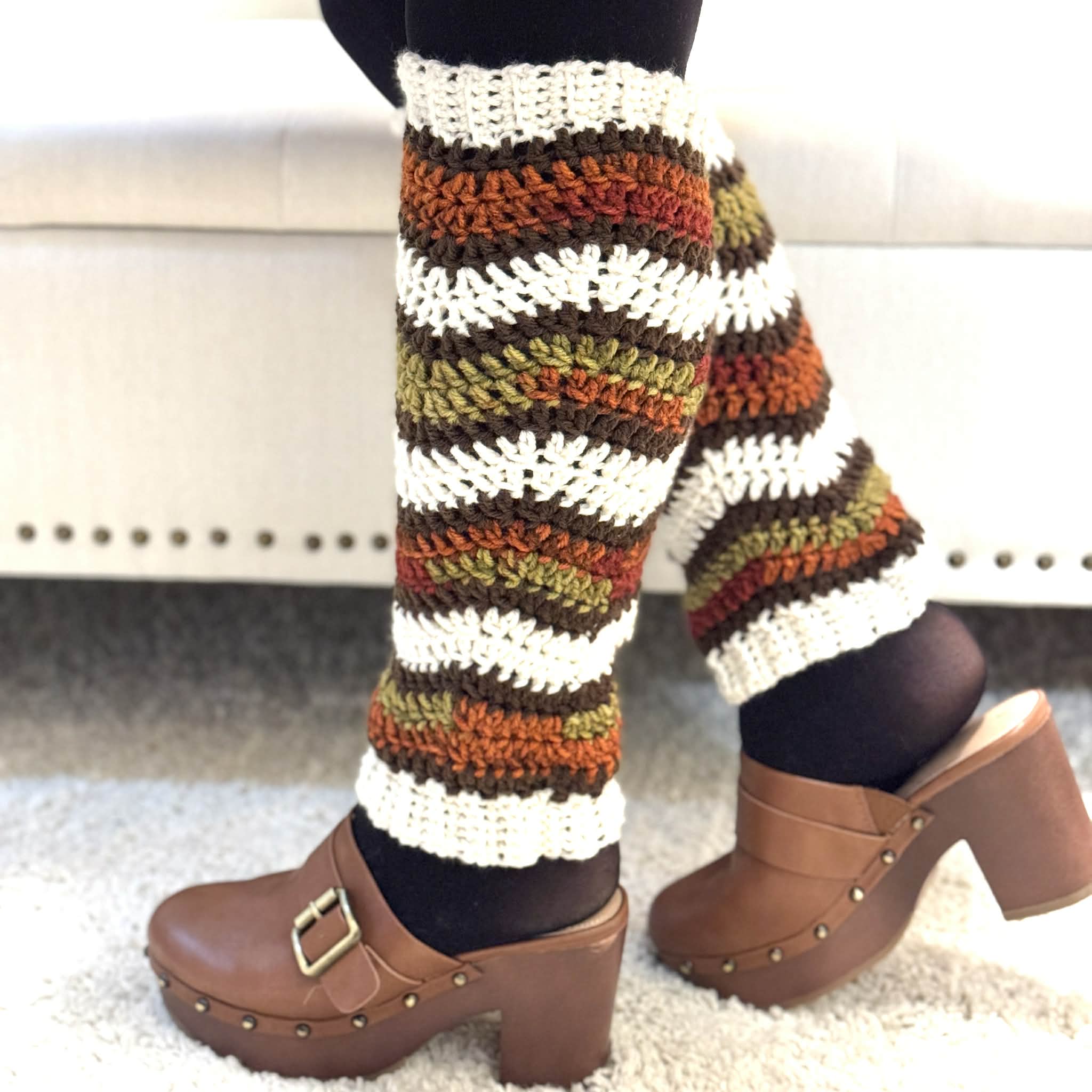 Striped Crochet Legwarmers over black tights with brown clogs