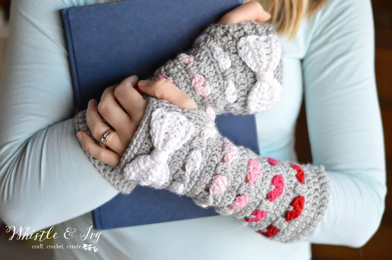 Crochet Fingerless Gloves, Puppy Love Wrist Warmers from Whistle & Ivy