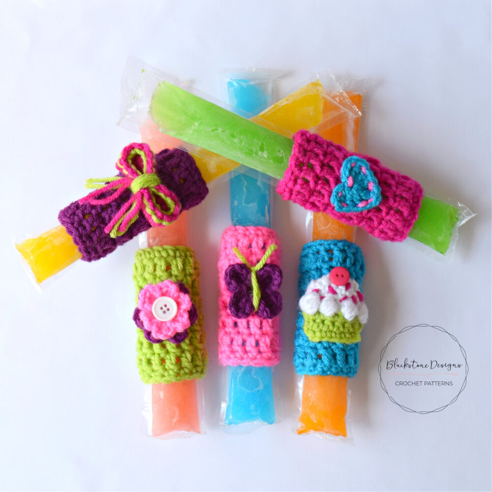 Crochet Popsicle Sleeves, Colorful with Hearts, Flowers, Bows, Cupcakes, and Butterflies.
