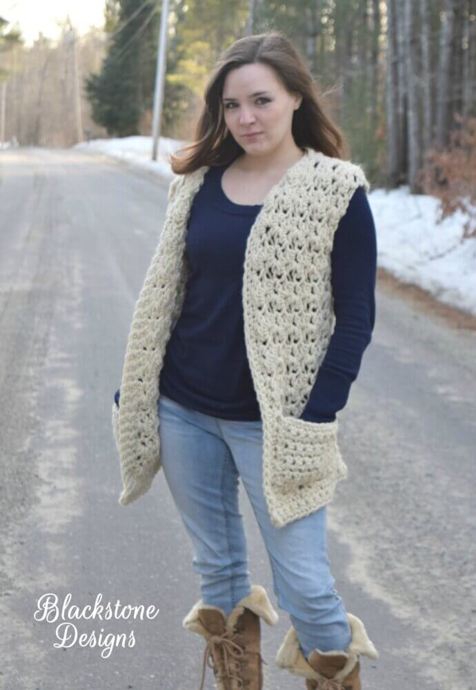 Crochet Chunky Lace Vest Pattern made with Lion Brand Wool Ease Thick & Quick in Fisherman