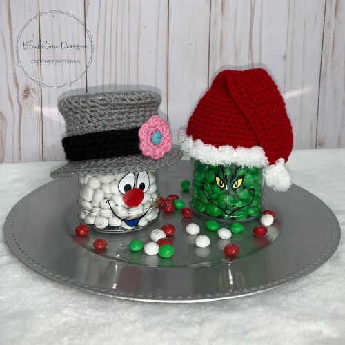 Frosty the Snowman and Grinch Candy Jar with Crochet hats on top