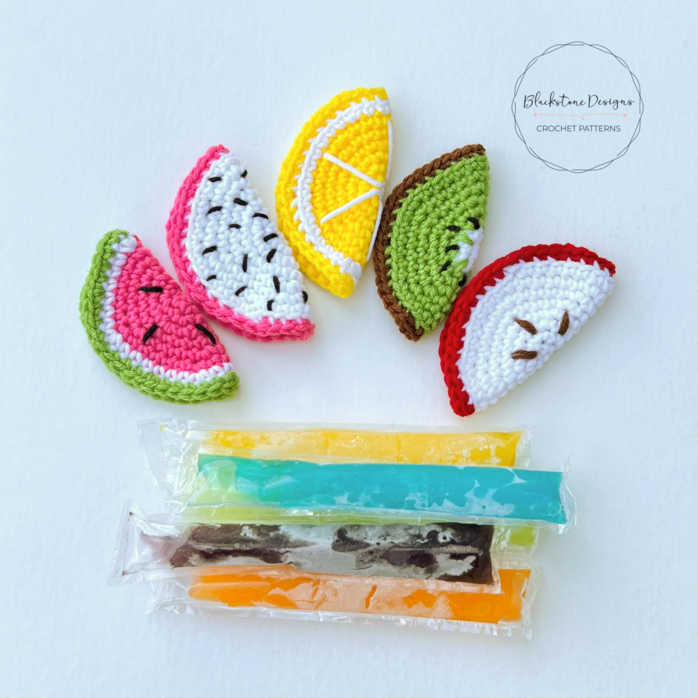 Fruit Slice Popsicle Holders crochet pattern, crochet lemon slice, crochet kiwi slice, crochet watermelon slice, crochet dragonfruit slice, crochet apple slice