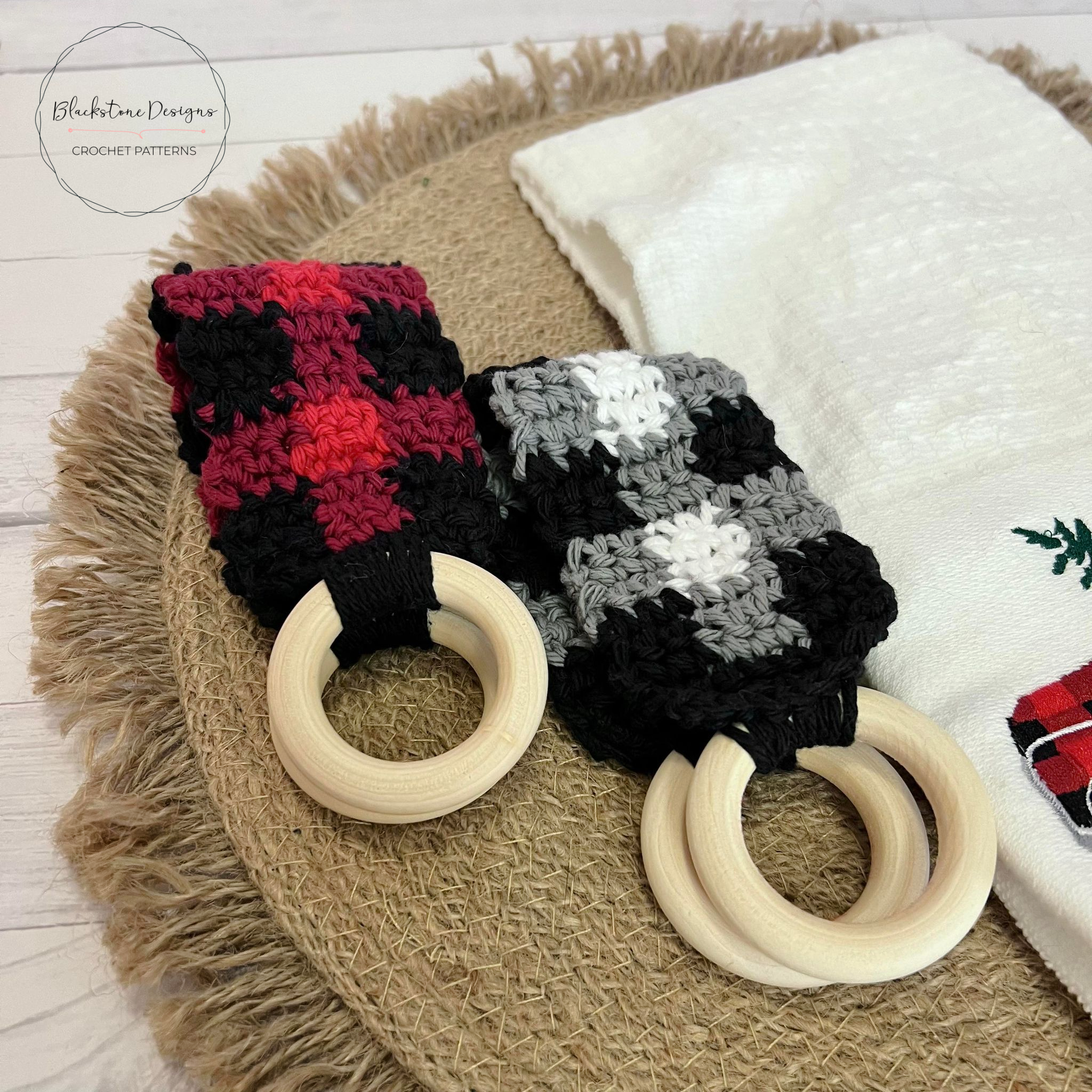 Buffalo Plaid Towel Hangers Crochet Pattern. Red Buffalo plaid and neutral buffalo plaid.
