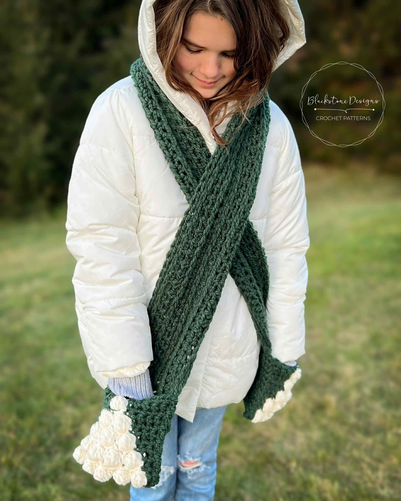 Crochet Bobble Tree Scarf with Pockets