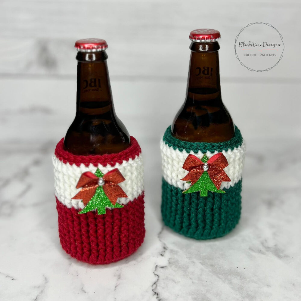 Christmas Bottle and Can Cozy Crochet Pattern Red with White Stripe and Green with White Stripe