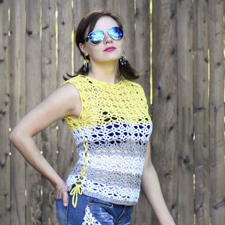 Sunshine and Lace Crochet Tank Top Pattern for Adults in Yellow, Gray, and White cotton yarn