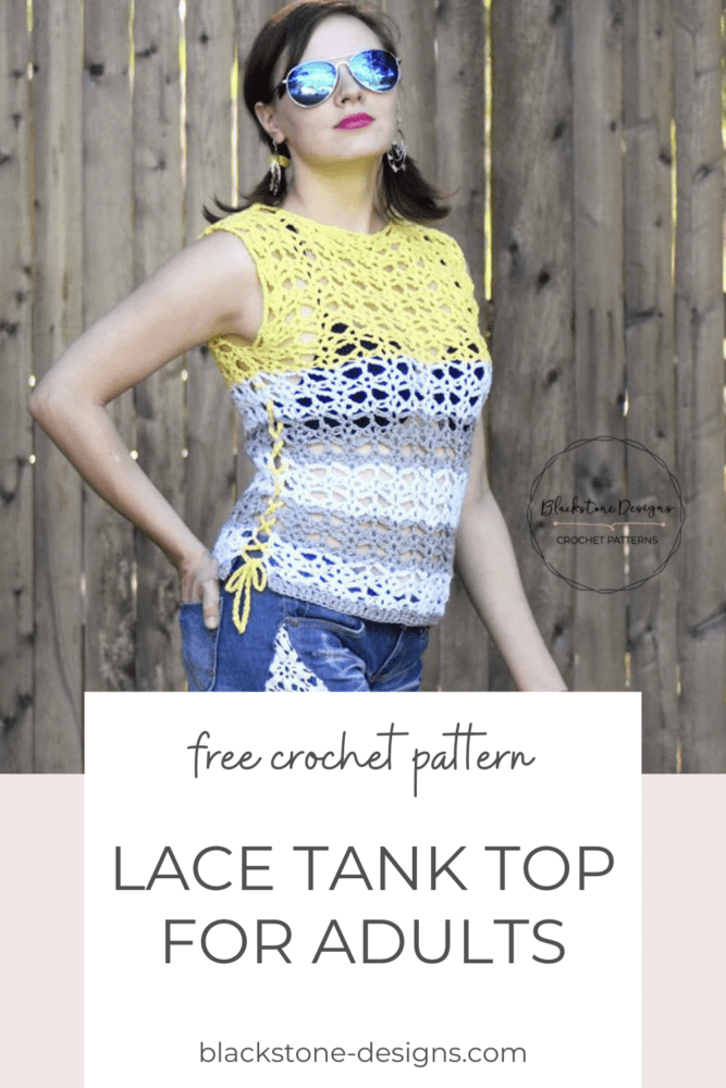 Sunshine and Lace Crochet Tank Top Pattern for adults in Yellow, Gray, and White cotton yarn