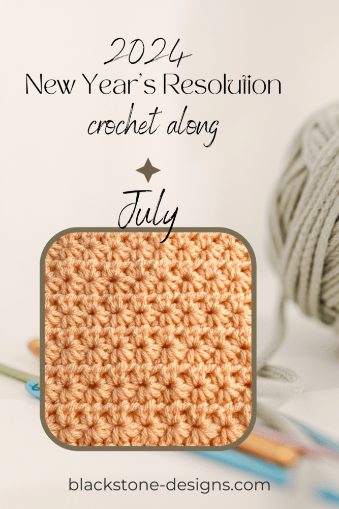 Crochet Star Stitch Crochet Along 2024 graphic with peach yarn stitch sample