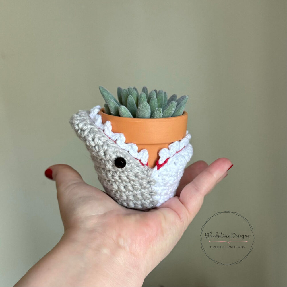 Mini terracotta pot inside a crochet shark plant cozy, held in hand against a plain background