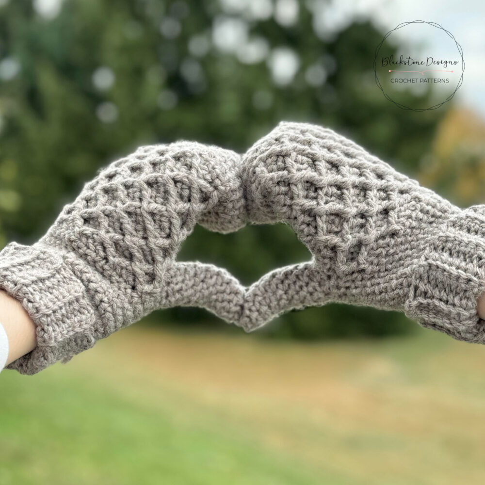Tumbledown Mittens Crochet Pattern featuring a diamond cable and herringbone half double crochet stitch