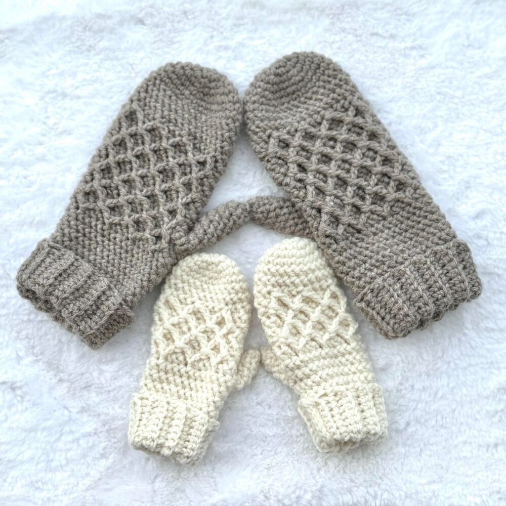 Tumbledown Mittens Crochet Pattern featuring diamond cable stitch made with Lion Brand wool ease yarn