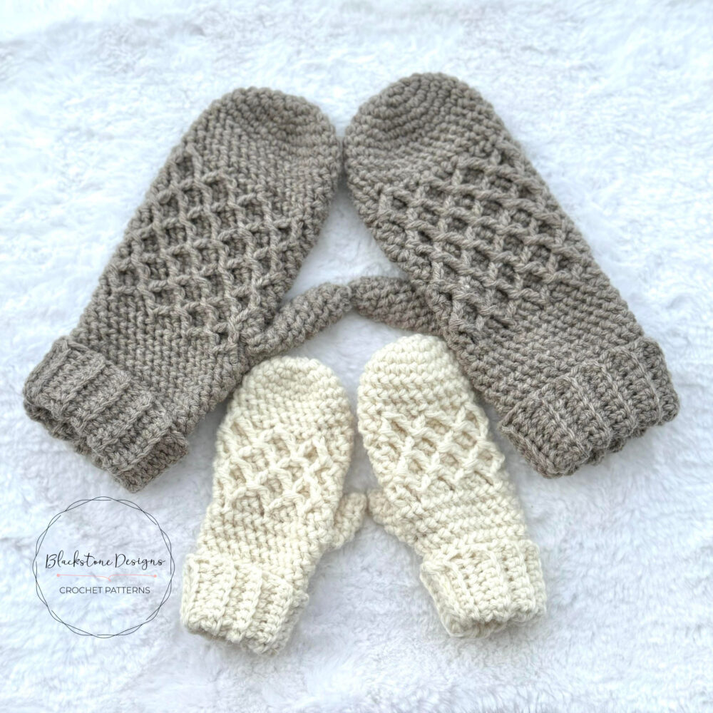 Tumbledown Mittens Crochet Pattern featuring a diamond cable and herringbone half double crochet stitch