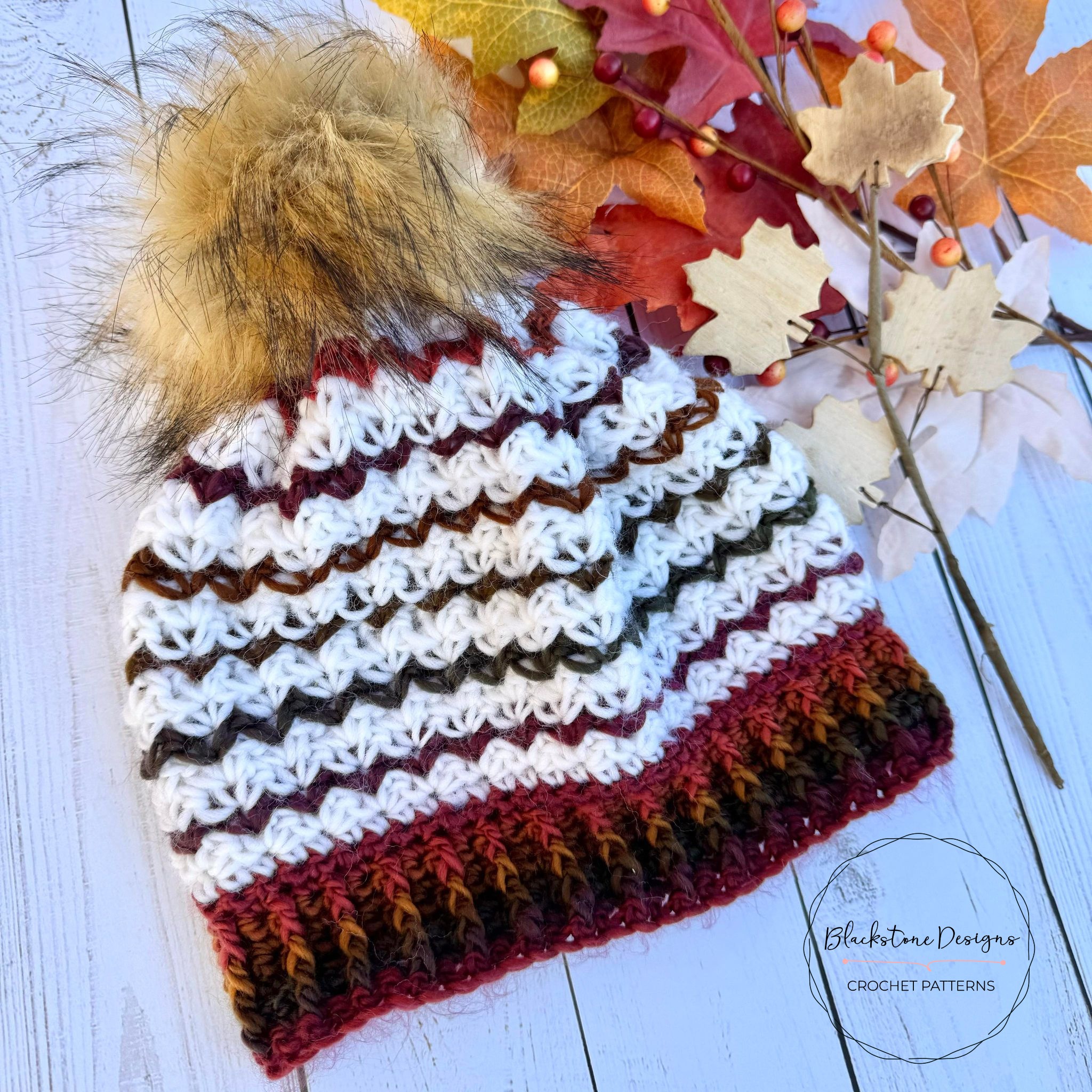 Road Trip Beanie Crochet Pattern, White and Rainbow Stripes Crochet Hat with Fur Pom Pom