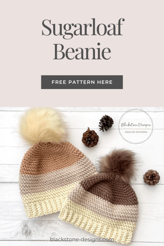 Sugarloaf Beanie Crochet Hat Pattern shown in child and toddler sizes and made with lion brand wool ease yarn