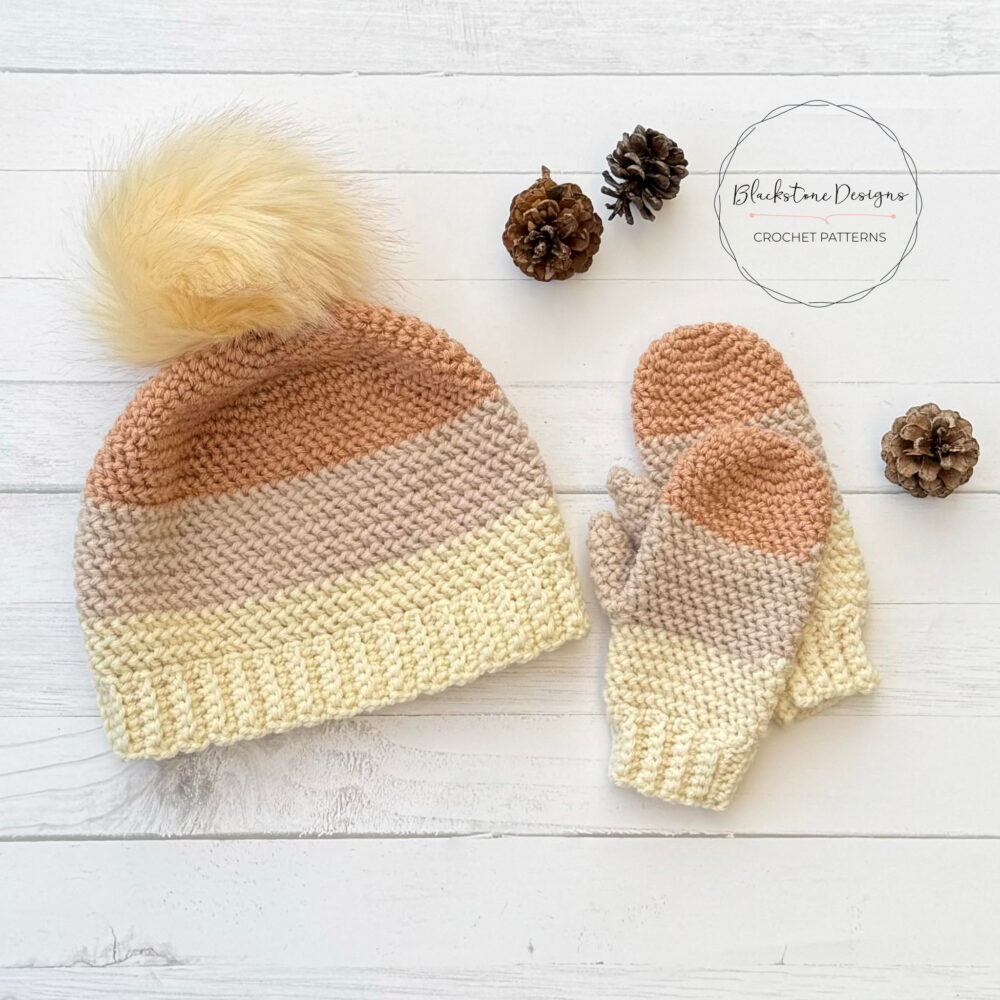 Sugarloaf Beanie Crochet Pattern showing child size beanie and mittens made with lion brand wool ease yarn
