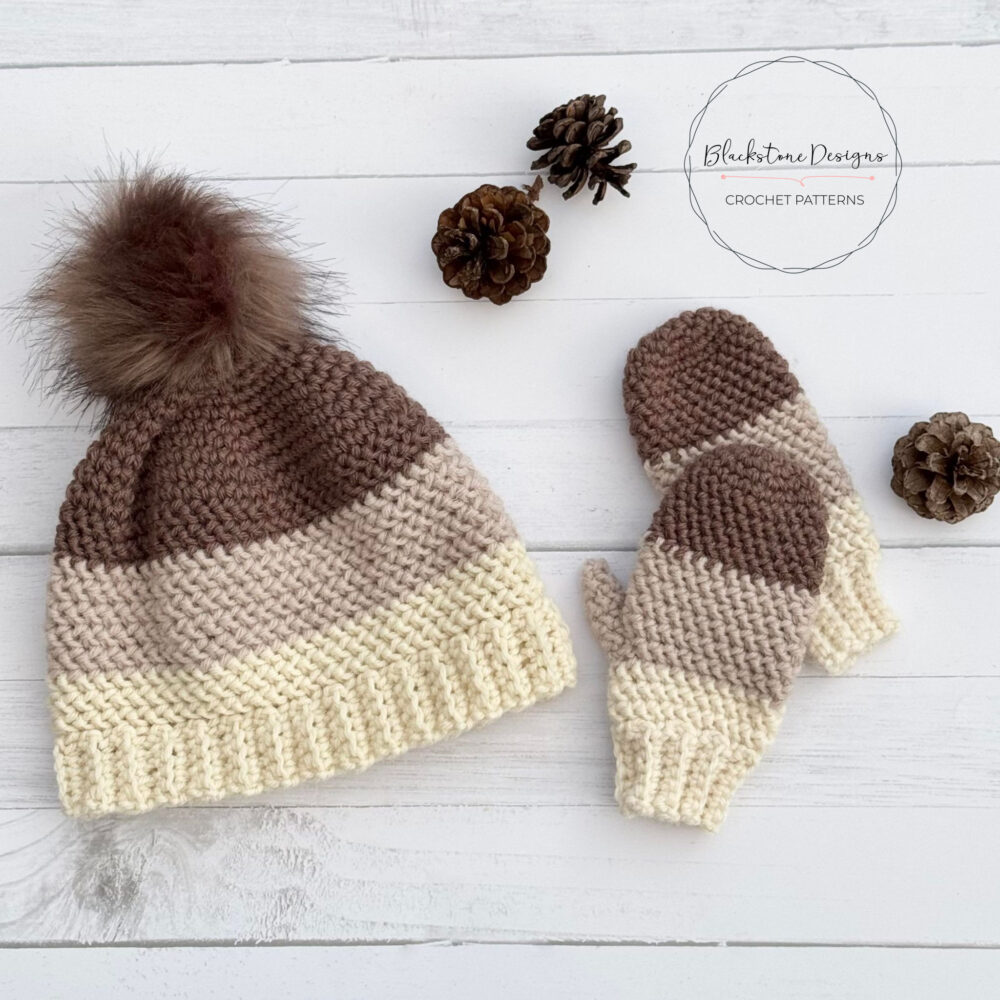 Sugarloaf Beanie Crochet Pattern showing toddler size beanie and mittens made with lion brand wool ease yarn