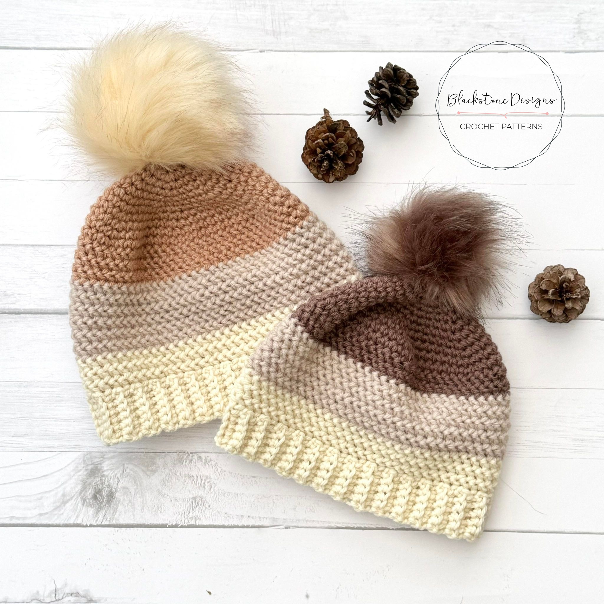 Sugarloaf Beanie Crochet Pattern showing child size beanie and toddler size beanie made with lion brand wool ease yarn