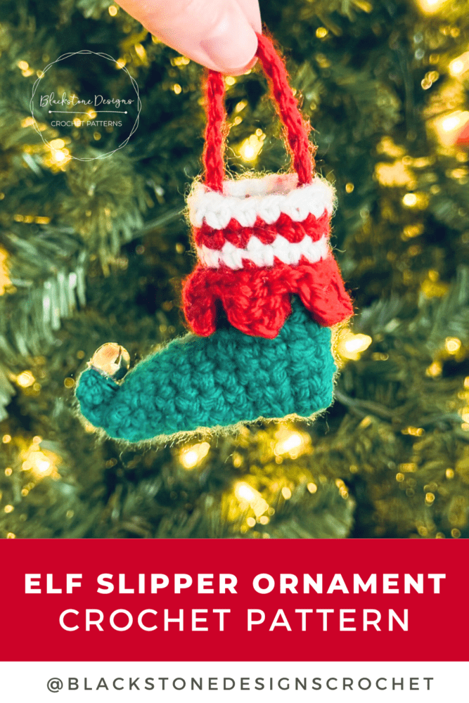 Crochet Elf Slipper Christmas Ornament Pattern; Green crochet elf slipper with red spike cuff and white & red sock.
