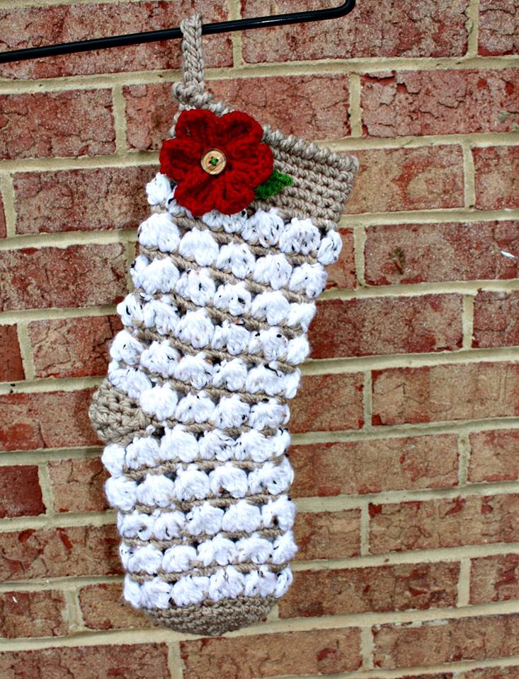 Yuletide Christmas Stocking Crochet Pattern shown in white and taupe