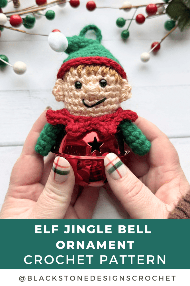 Crochet Elf Jingle Bell Ornament Pattern of Christmas Elf on top of a large jingle bell