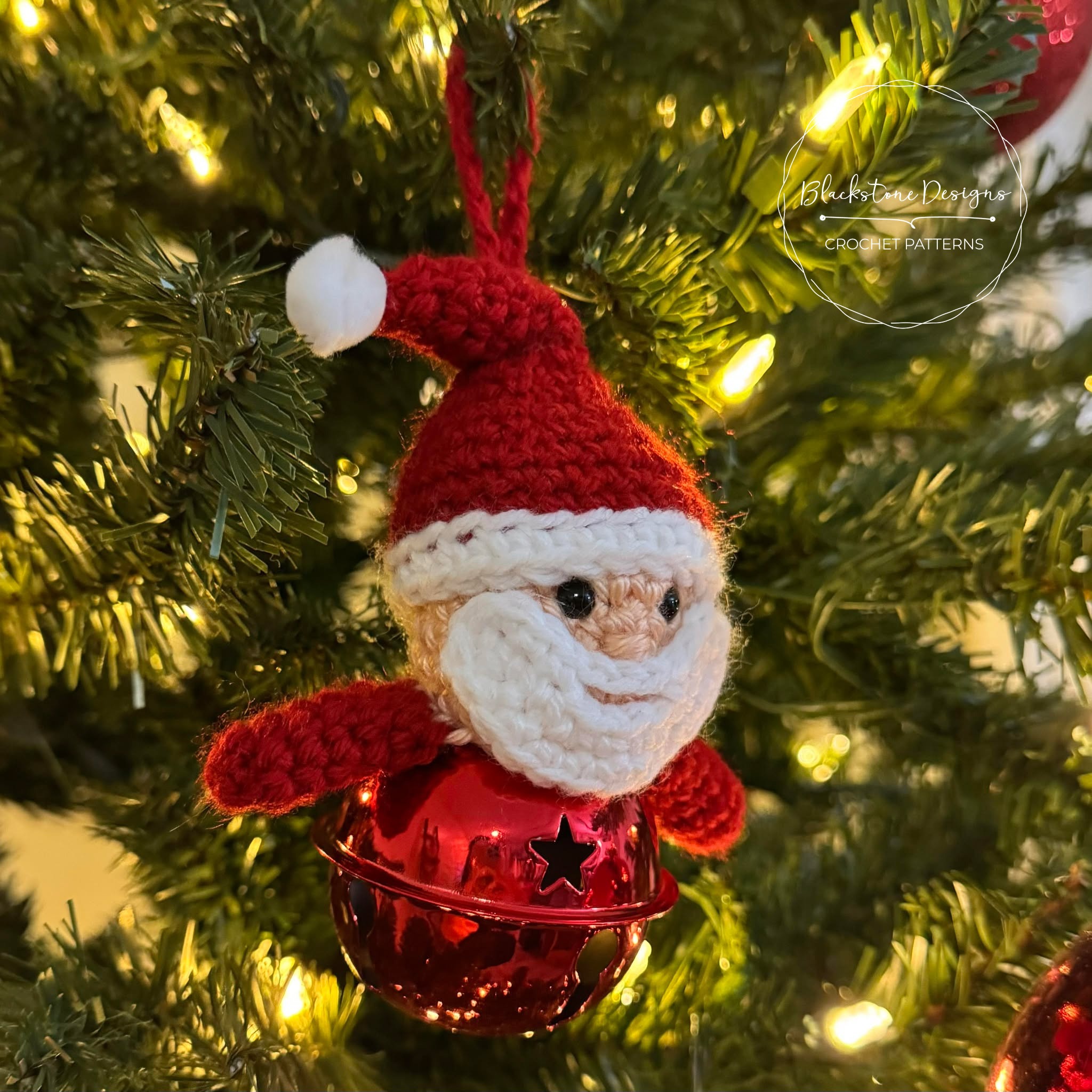 Crochet Santa Jingle Bell Ornament Pattern of Santa Claus on top of a large jingle bell