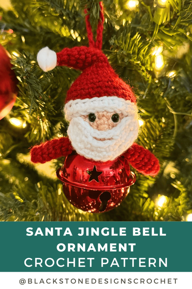 Crochet Santa Jingle Bell Ornament Pattern of Santa Claus on top of a large jingle bell