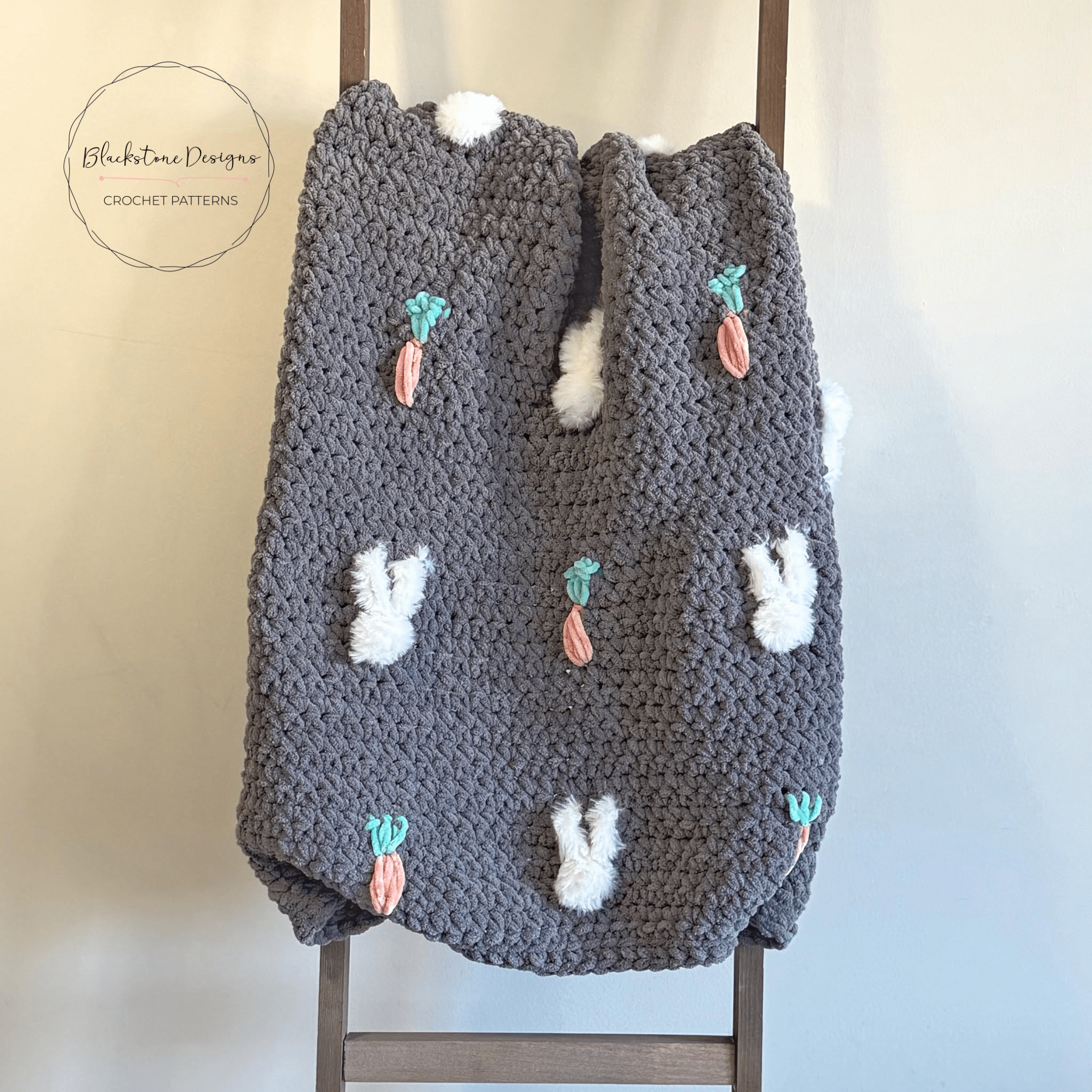 Fluffy Bunnies Crochet Blanket Pattern; Crochet blanket with fur yarn bunnies and velvet yarn carrots
