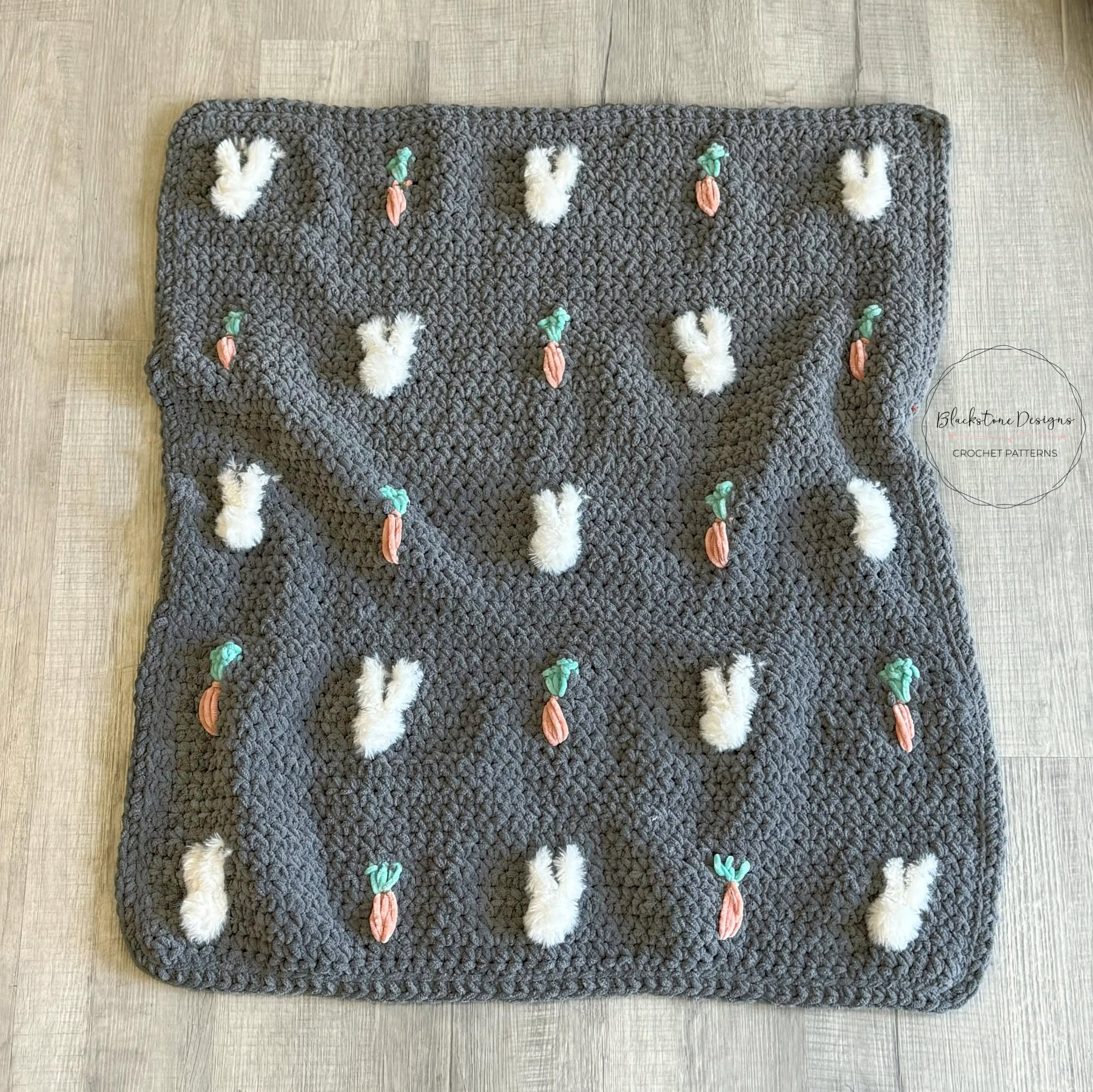 Fluffy Bunnies Crochet Blanket Pattern; Crochet blanket with fur yarn bunnies and velvet yarn carrots