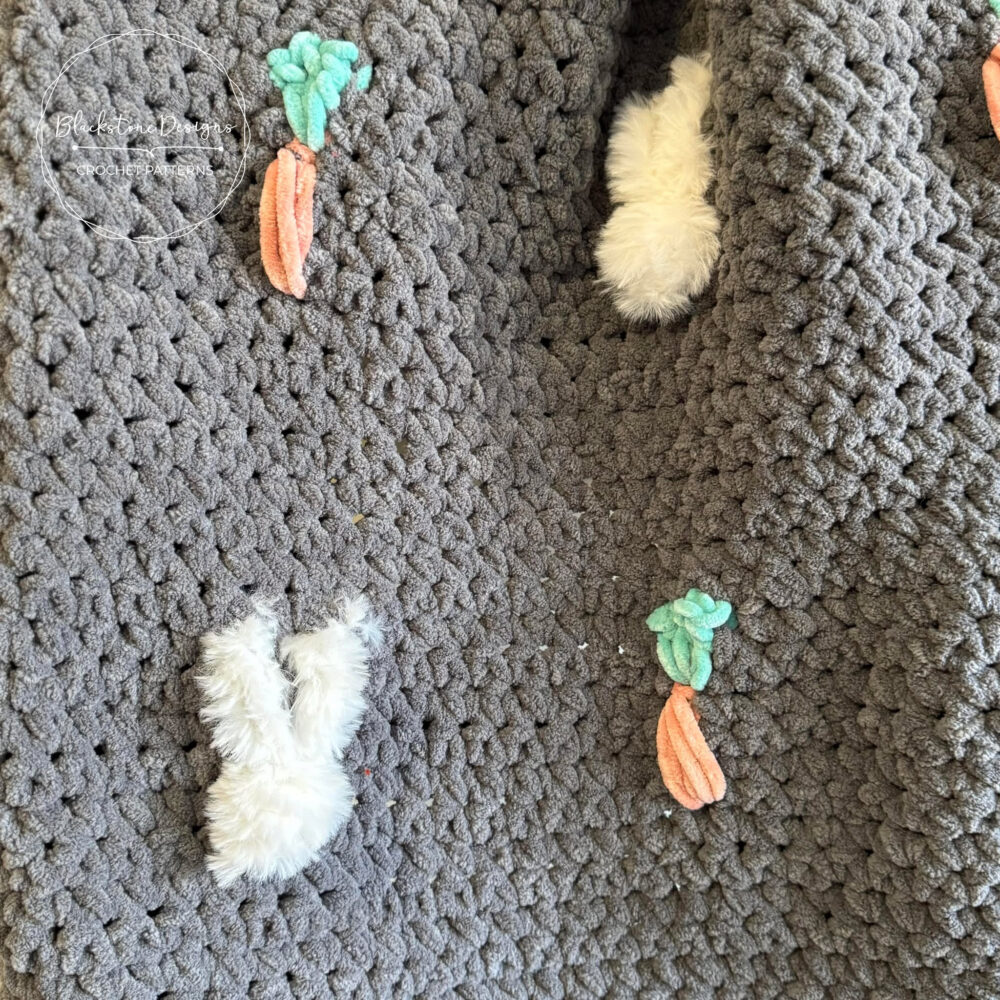 Fluffy Bunnies Crochet Blanket Pattern; Crochet blanket with fur yarn bunnies and velvet yarn carrots