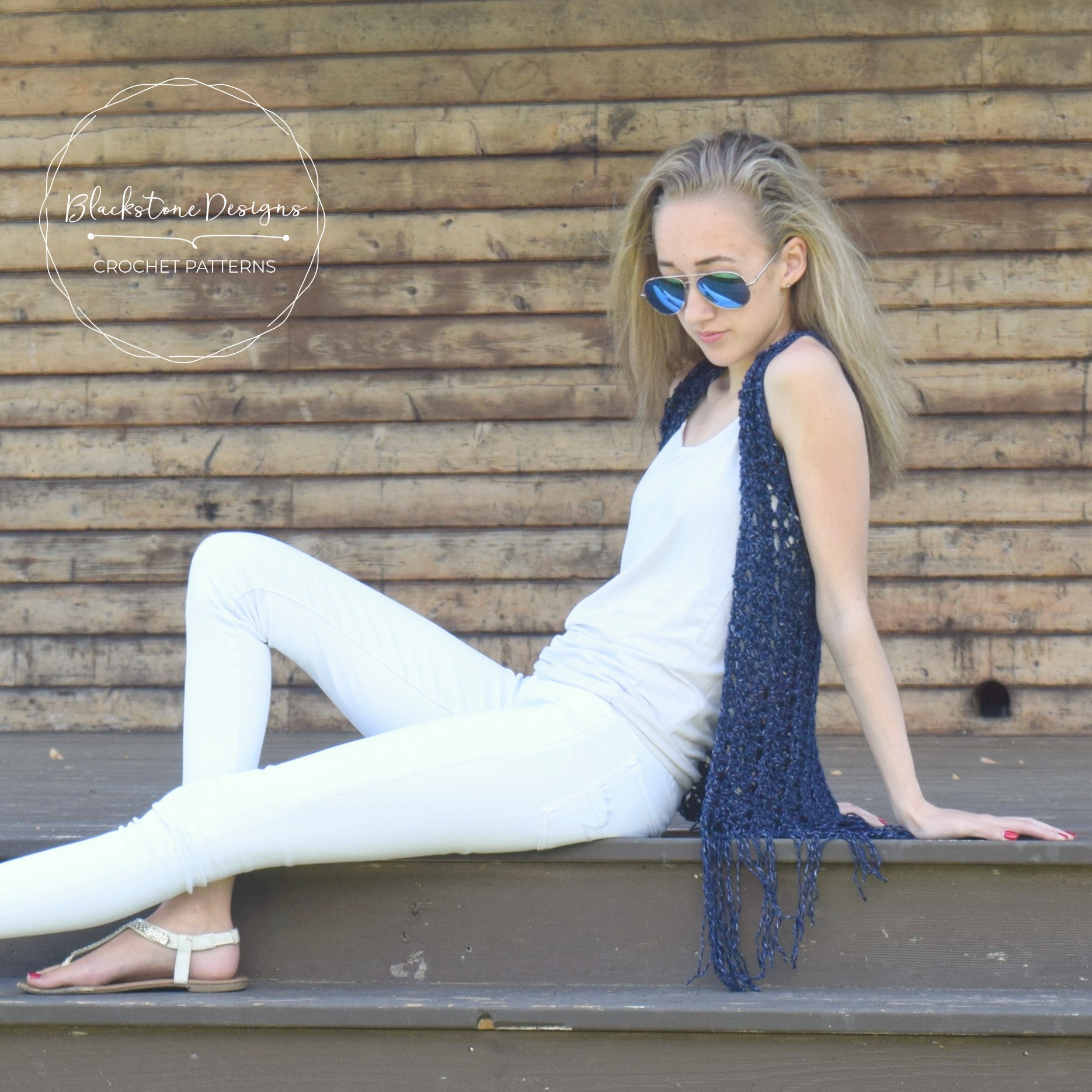 adult Crochet Boho Vest in Lion Brand Jeans Yarn in the colorway Classic