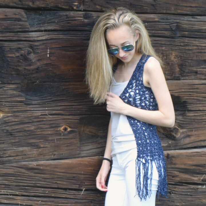 Crochet Boho Vest for Adults in Lion Brand Jeans Yarn in the colorway Classic