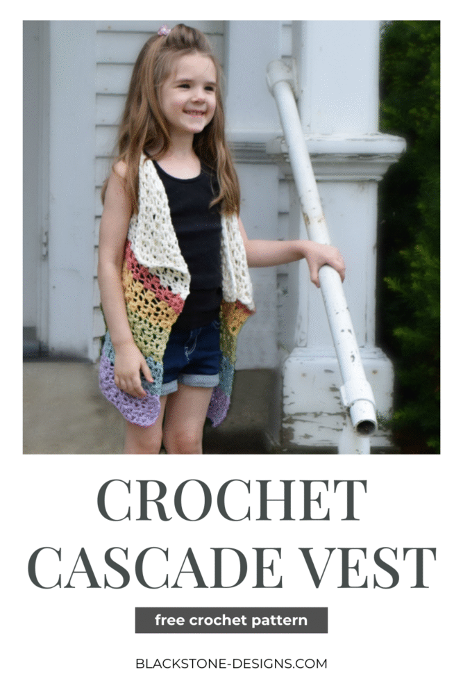 Crochet Cascade Vest Pattern shown with a white top half and rainbow striped bottom half