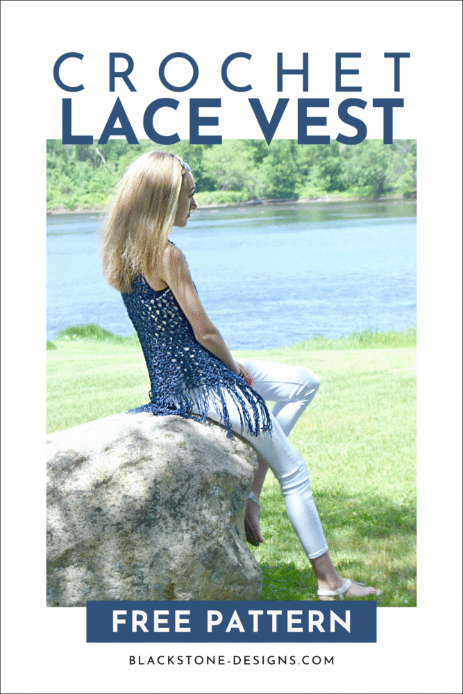adult Crochet Boho Vest in Lion Brand Jeans Yarn in the colorway Classic