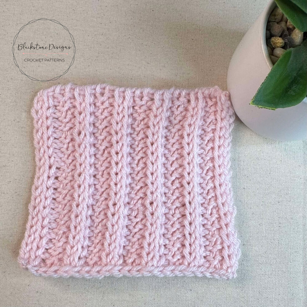 Tunisian Rib Stitch Tutorial; pink tunisian rib stitch square