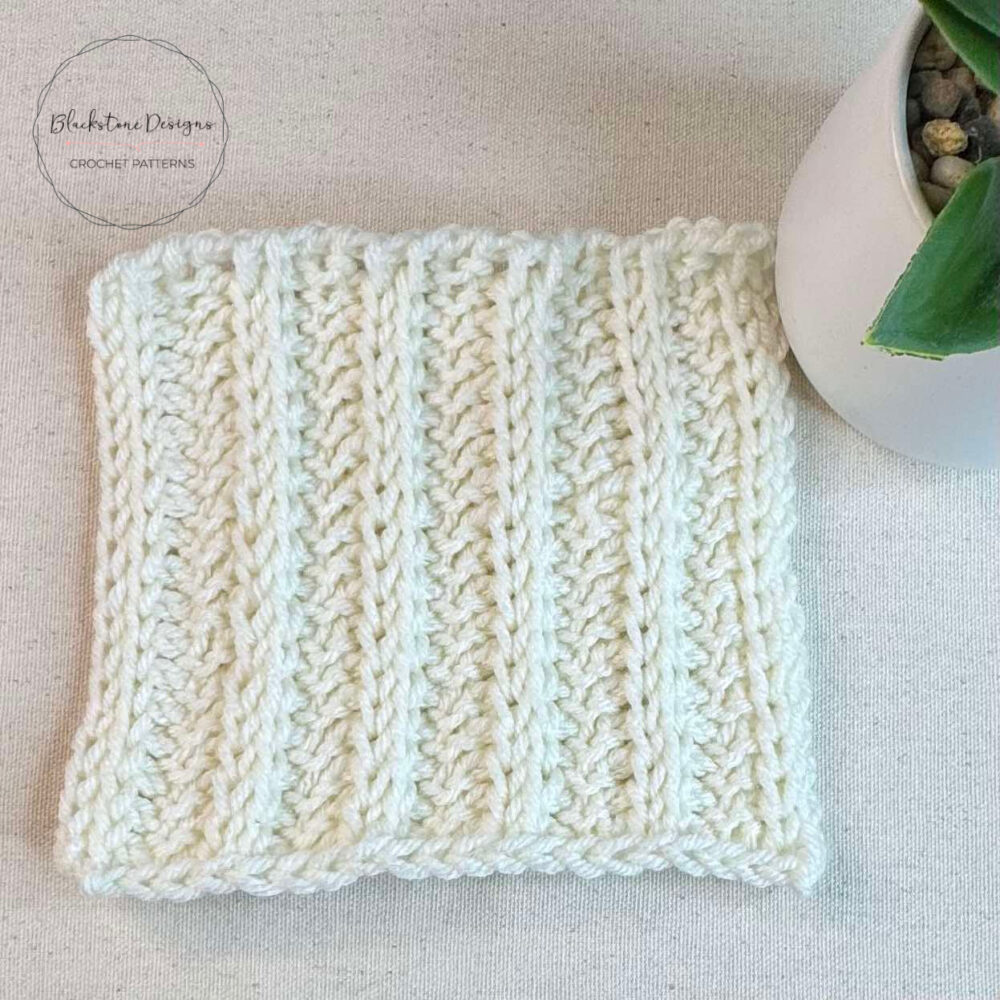 Tunisian Rib Stitch Tutorial; white tunisian rib stitch square