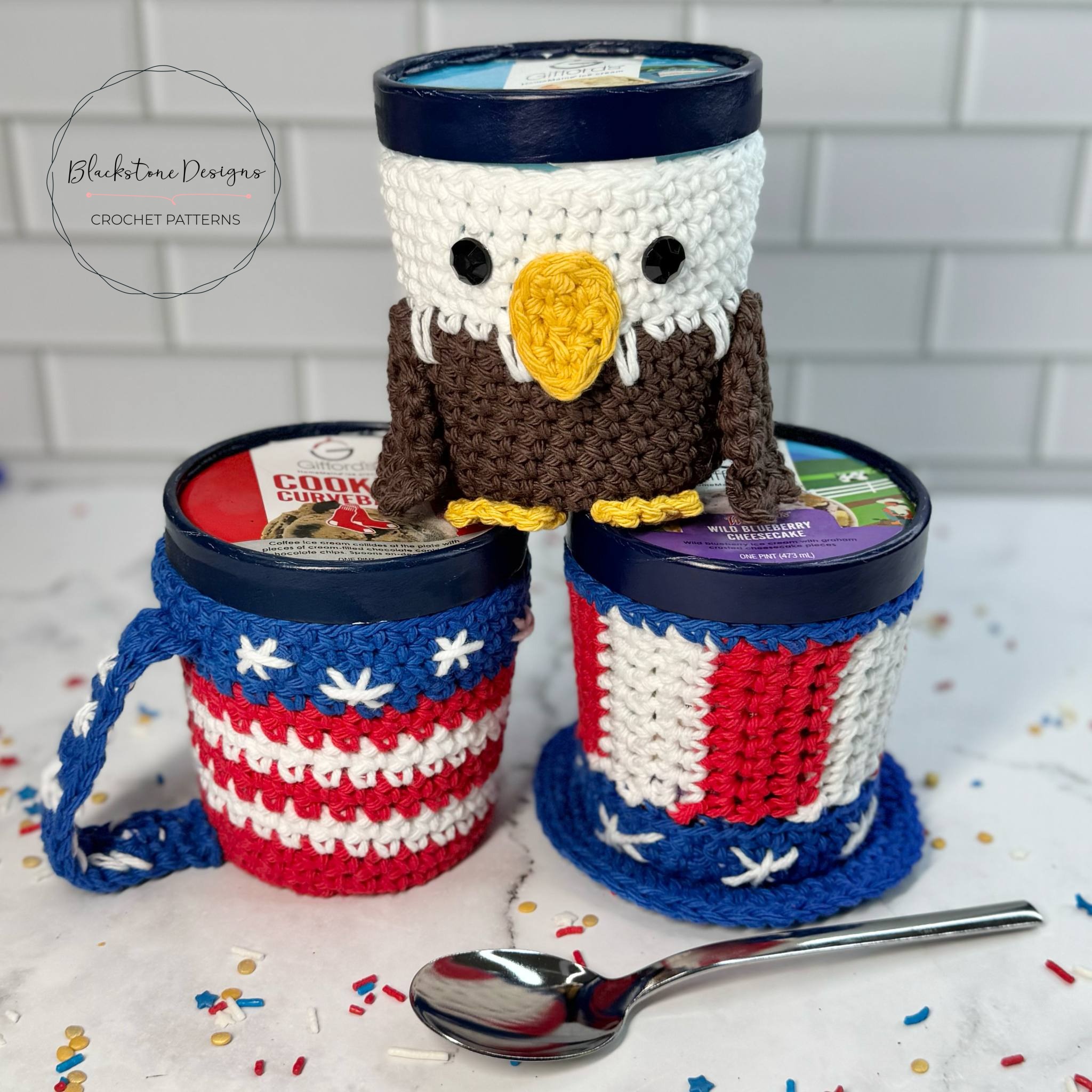 Crochet Americana ice cream cozies displayed on ice cream pint containers