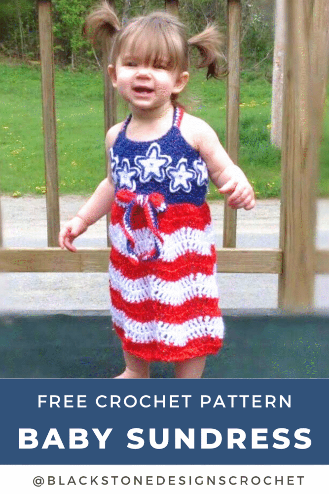 Stars and Stripes Crochet Sundress for Babies with a solid blue bodice, red and white striped skirt, white stars on bodice