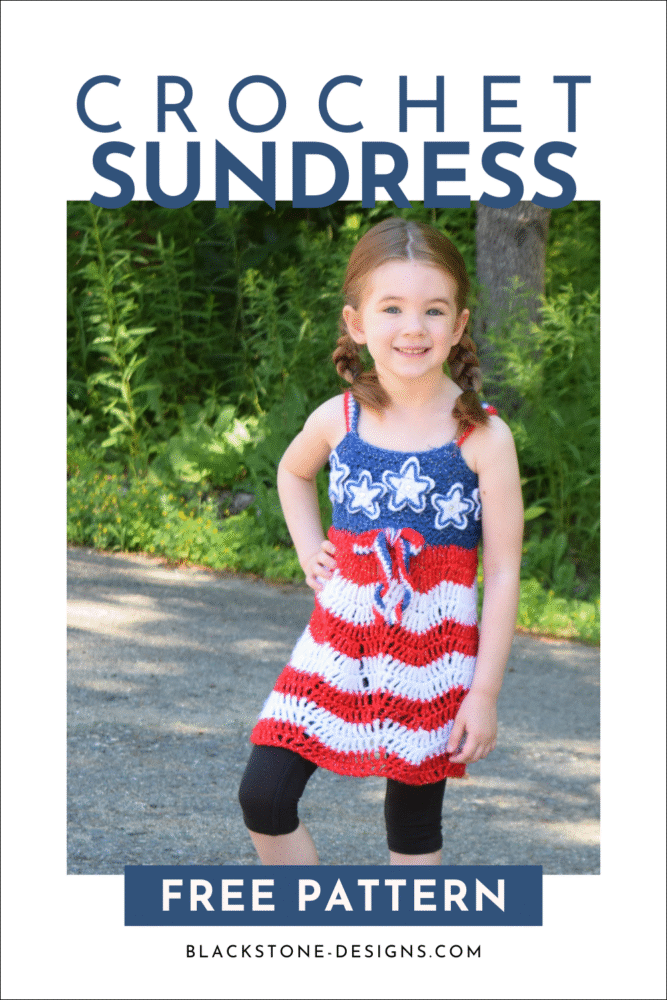 Stars and Stripes Crochet Sundress for kids with a solid blue bodice, red and white striped skirt, white stars on bodice