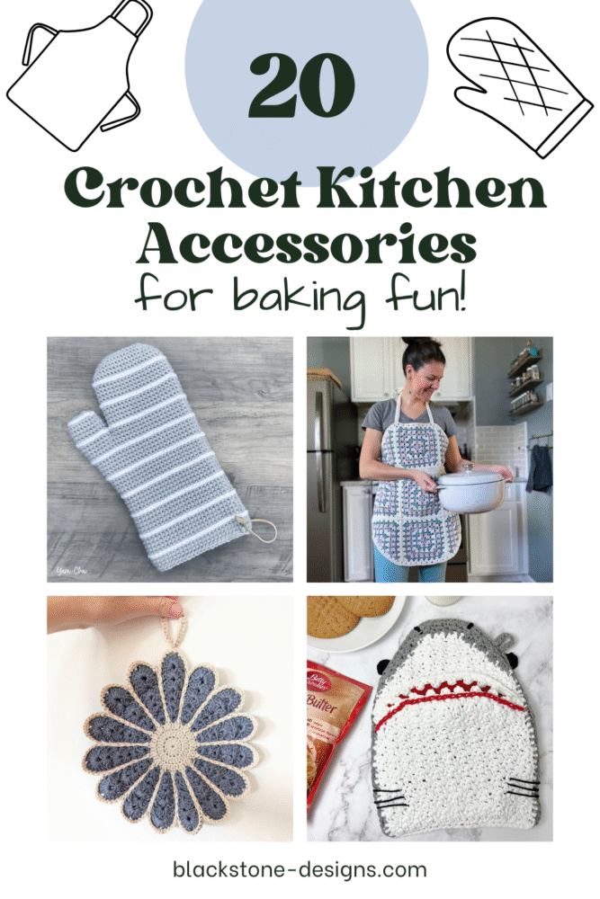 20 Crochet Kitchen Accessories Patterns for potholders, oven mitts, aprons, and casserole carriers