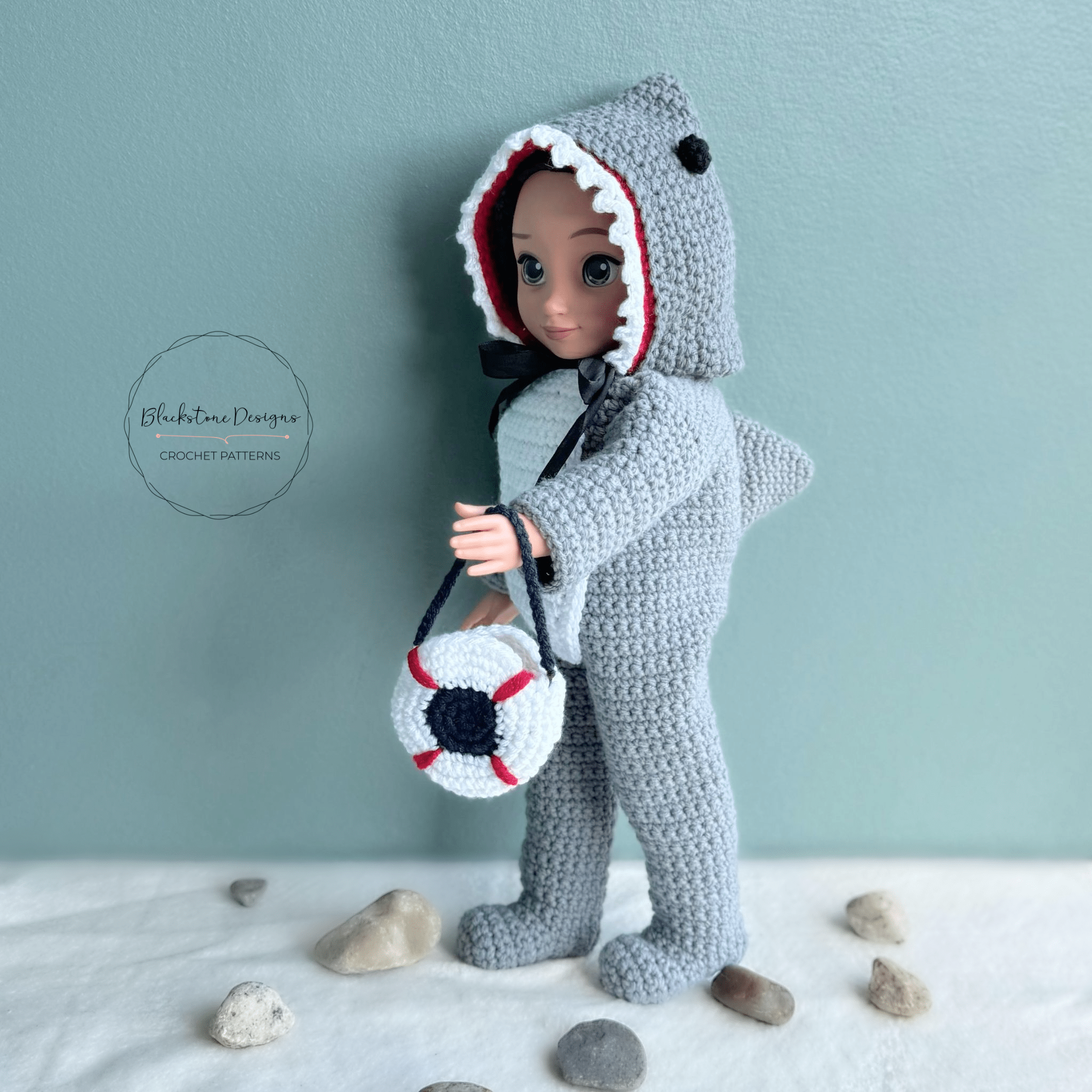 Crochet Shark Doll Costume Pattern on an 18" Doll