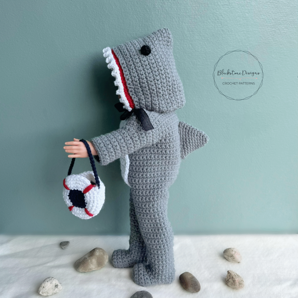 Crochet Shark Doll Costume Pattern on an 18" Doll