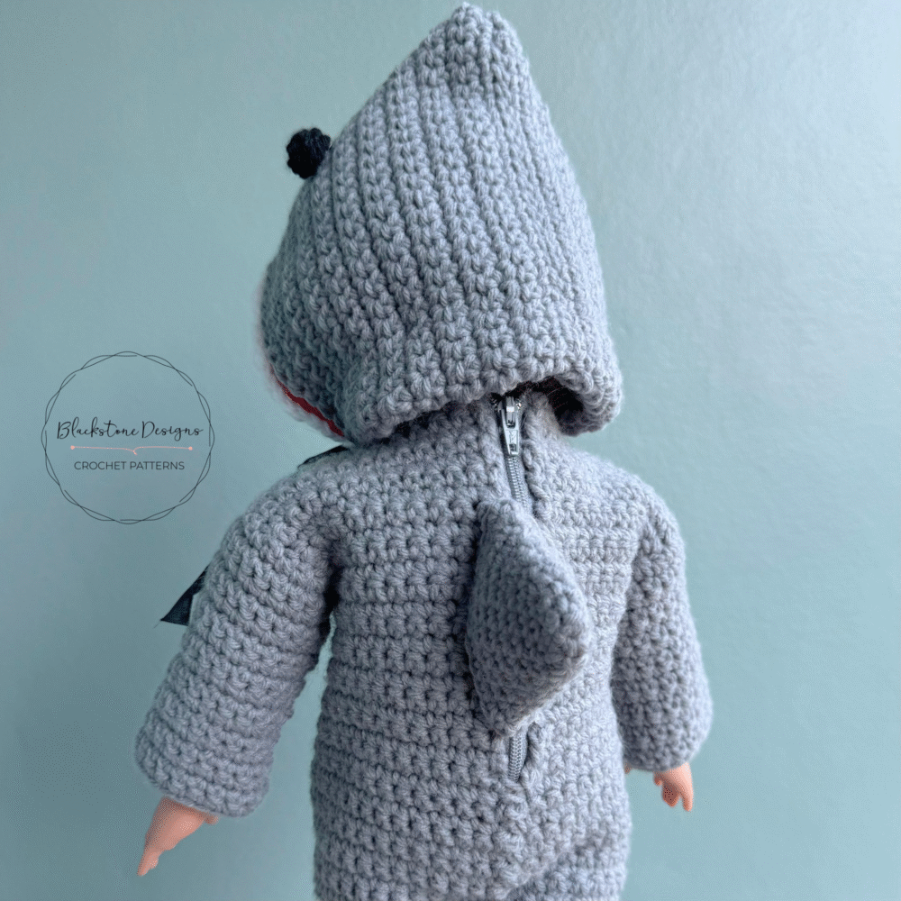Crochet Shark Doll Costume Pattern on an 18" Doll