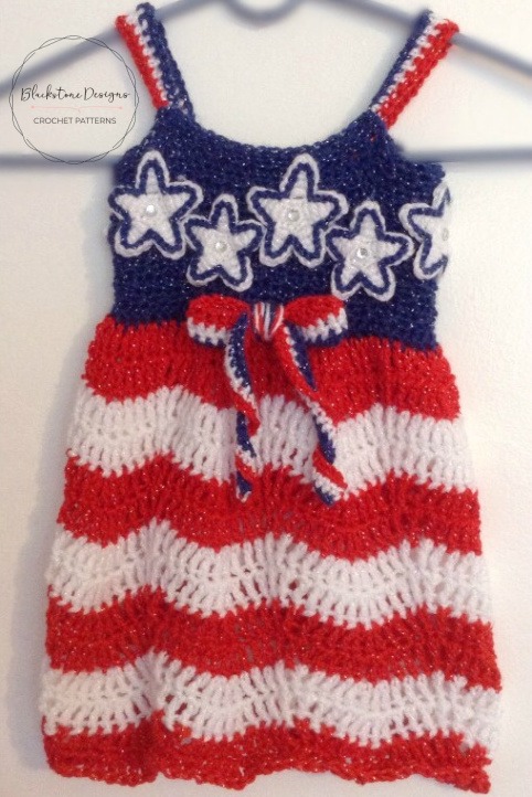 Stars and Stripes Crochet Sundress for kids with a solid blue bodice, red and white striped skirt, white stars on bodice