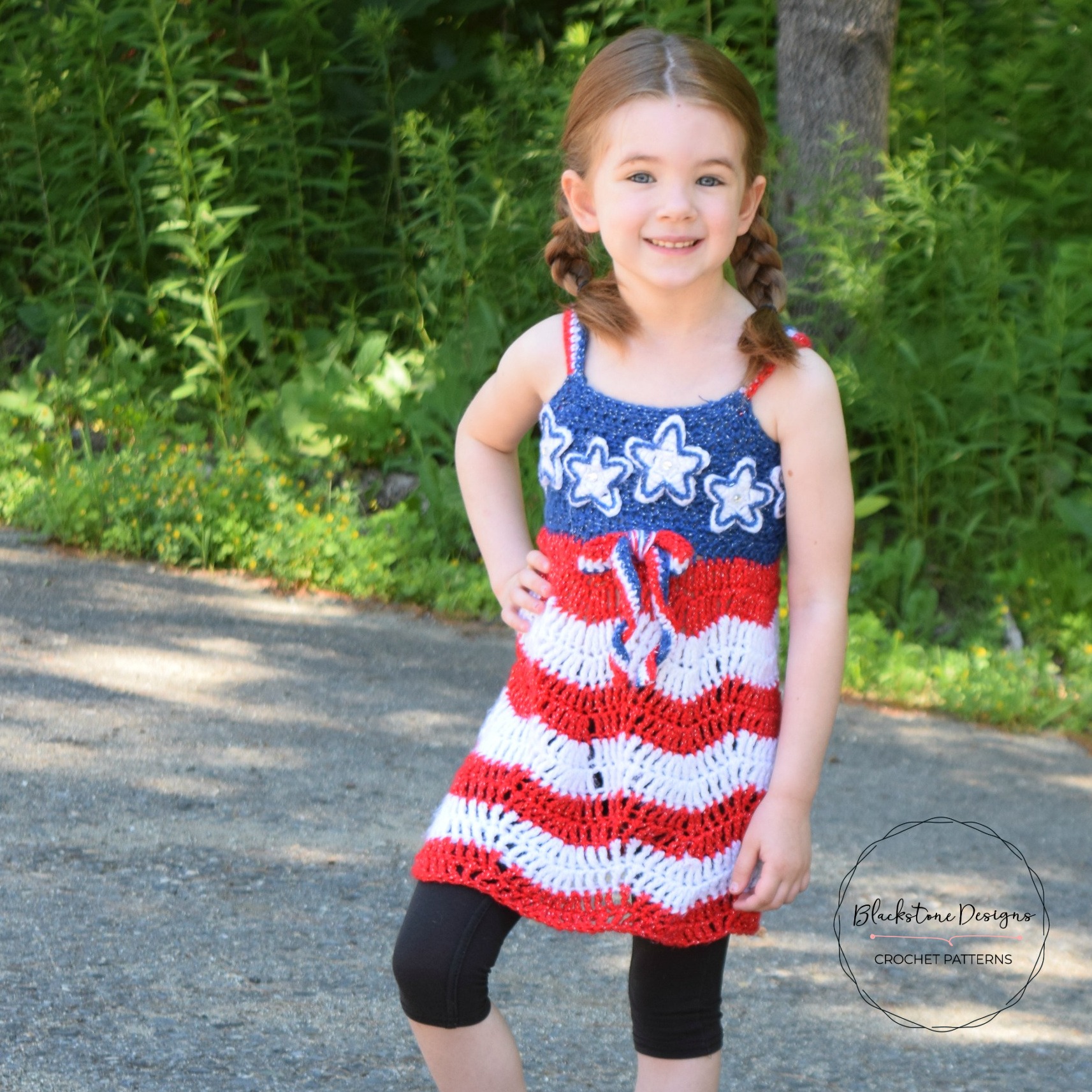 Stars and Stripes Crochet Sundress for kids with a solid blue bodice, red and white striped skirt, white stars on bodice