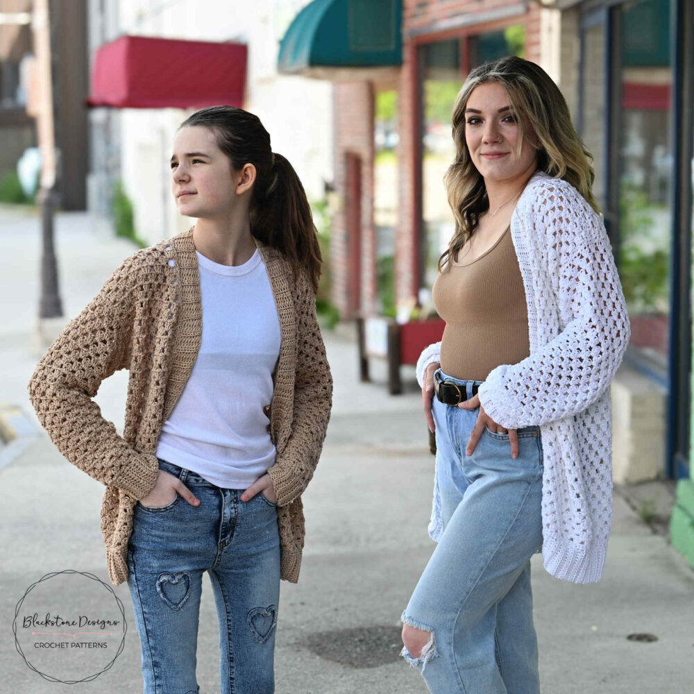 Woman and Child in Oversized crochet Cardigan
