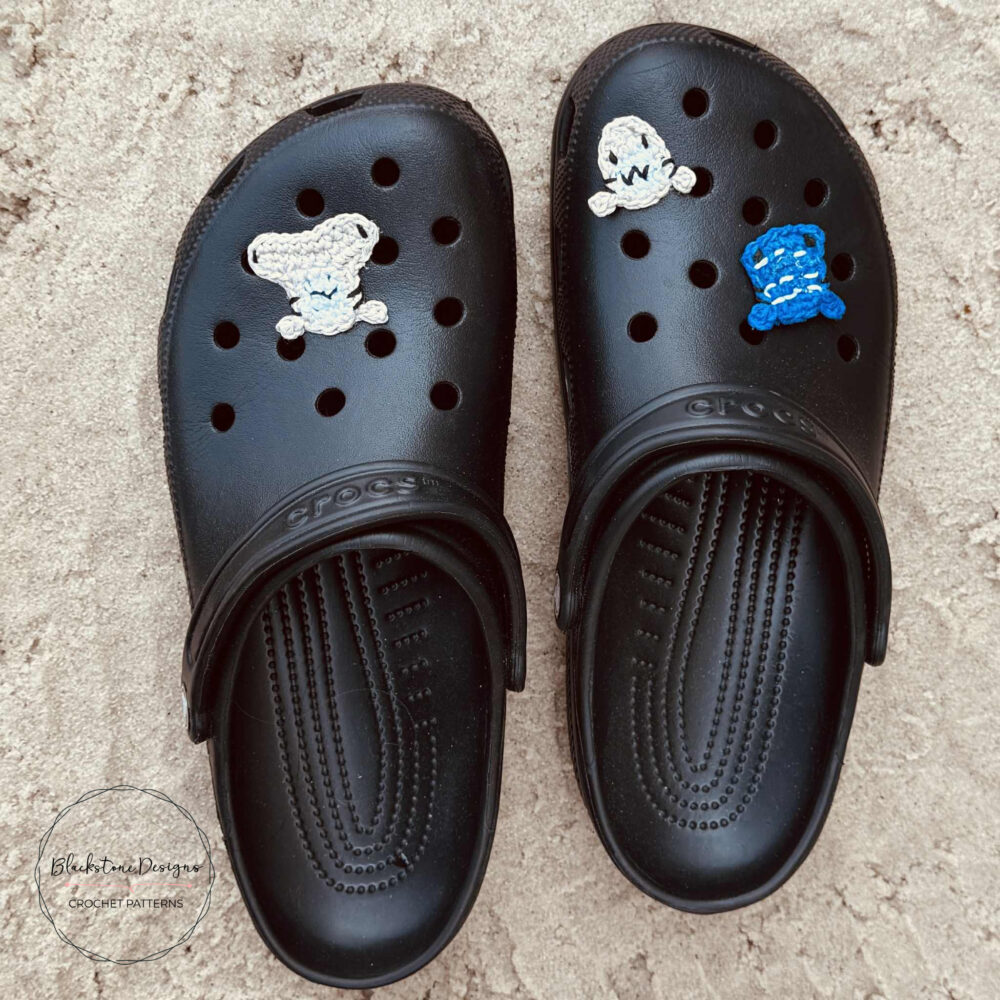 Shark Crochet Shoe Charms on Black Adult Crocs