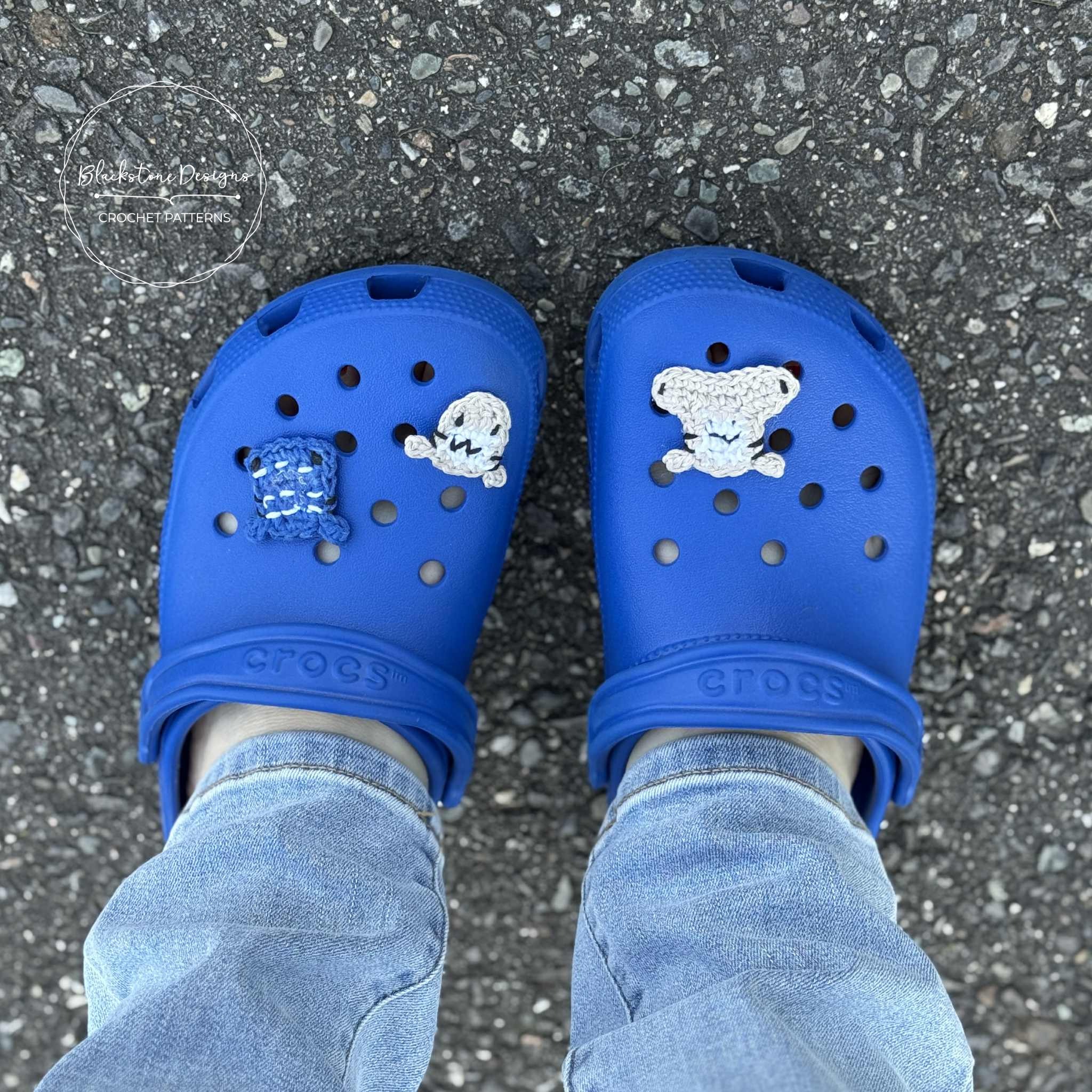 Shark Crochet Shoe Charms on Blue Crocs Clogs