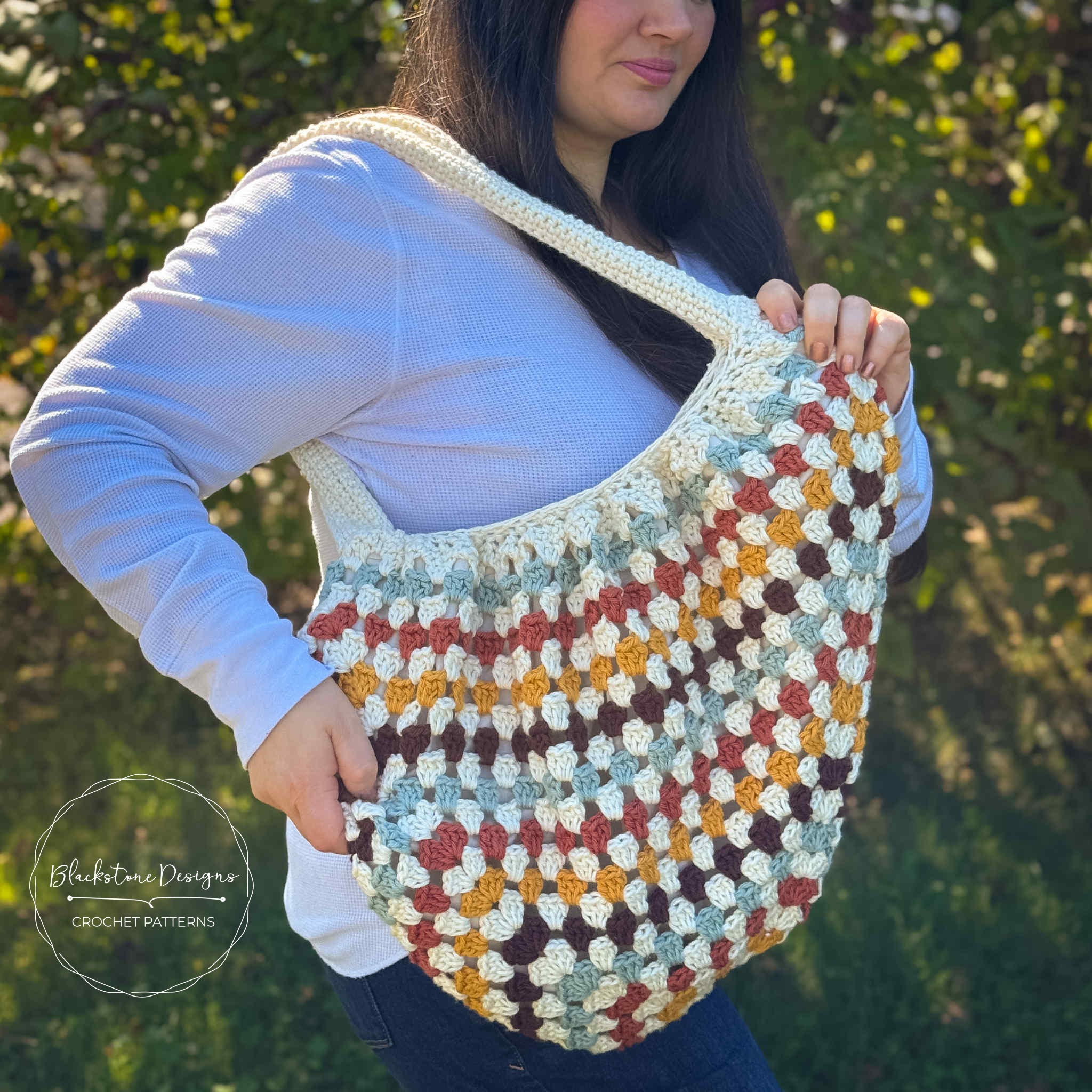Granny Square Hobo Bag Crochet Pattern in warm autumn colors