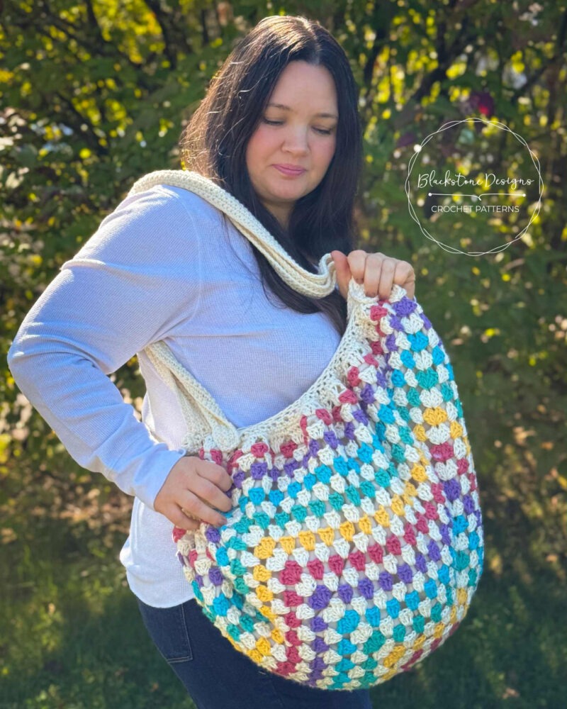 Granny Square Hobo Bag Crochet Pattern in bright rainbow colors